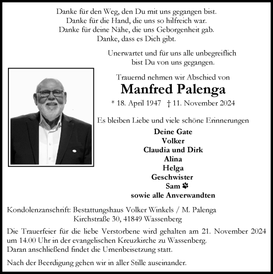 Traueranzeige von Manfred Palenga von Zeitung am Sonntag