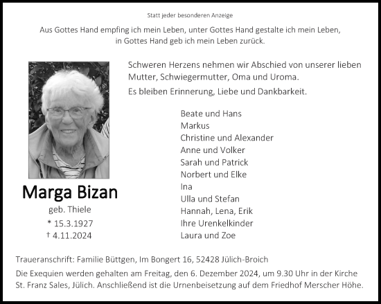 Traueranzeige von Marga Bizan von Aachener Zeitung