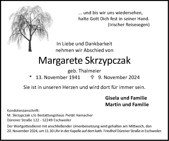 Traueranzeige von Margarete Skrzypczak von Zeitung am Sonntag