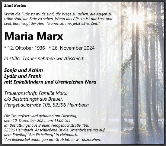 Traueranzeige von Maria Marx von Zeitung am Sonntag