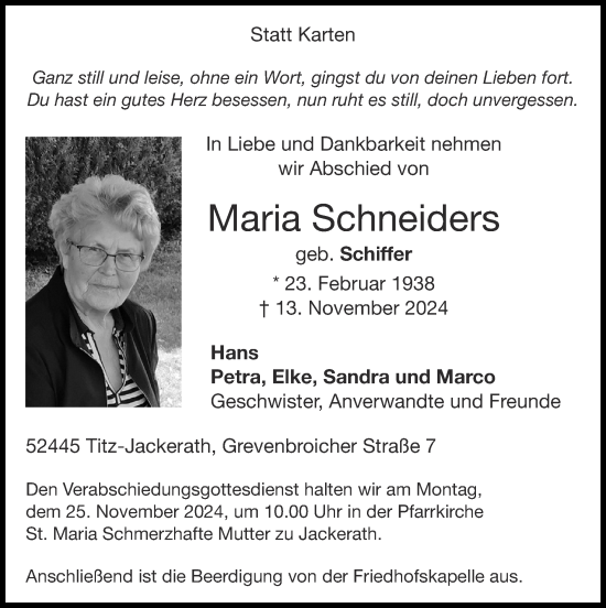 Traueranzeige von Maria Schneiders von Zeitung am Sonntag