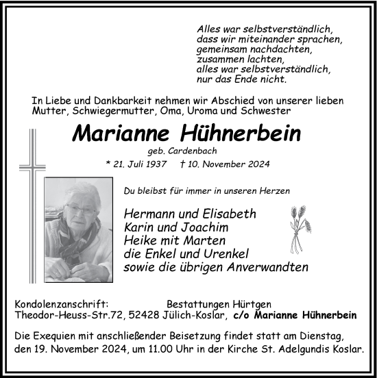 Traueranzeige von Marianne Hühnerbein von Zeitung am Sonntag