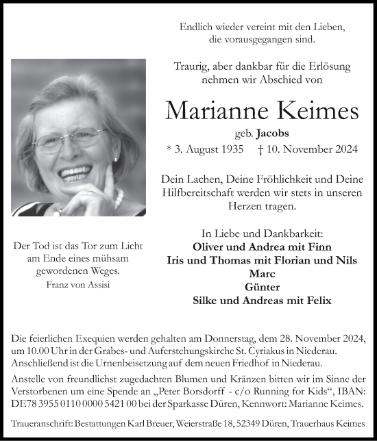 Traueranzeige von Marianne Keimes von Zeitung am Sonntag