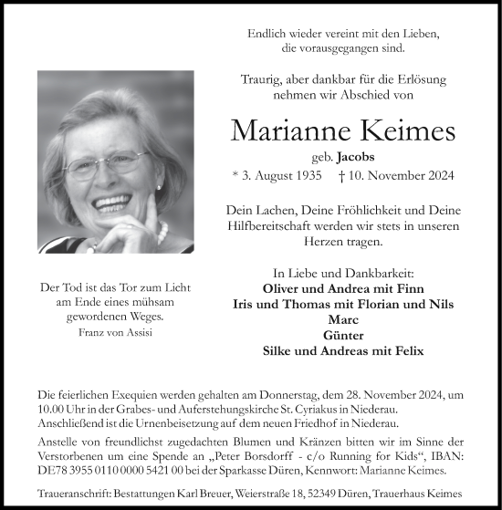 Traueranzeige von Marianne Keimes von Aachener Zeitung