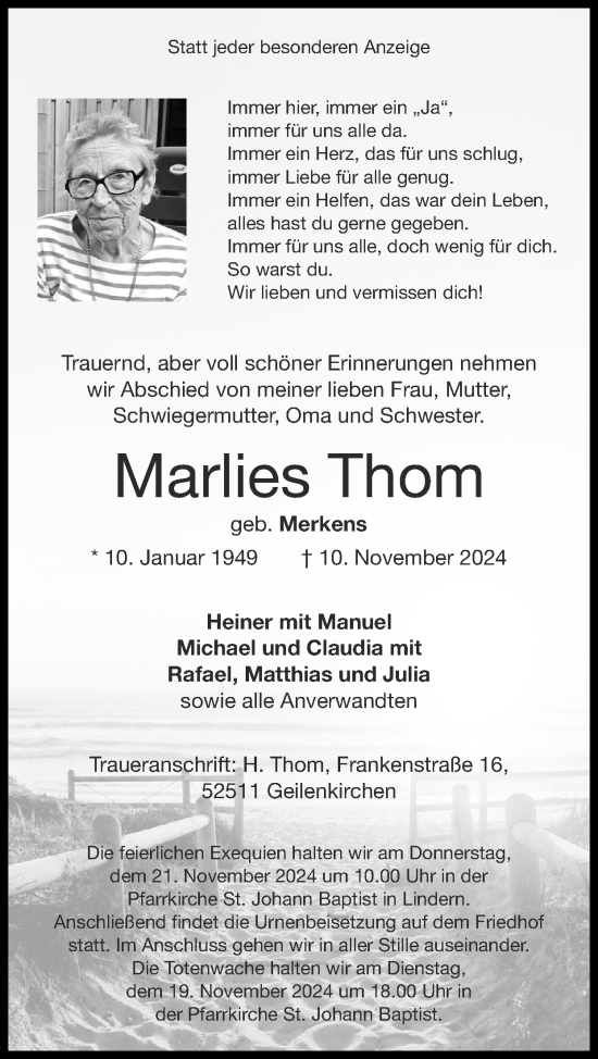 Traueranzeige von Marlies Thom von Zeitung am Sonntag