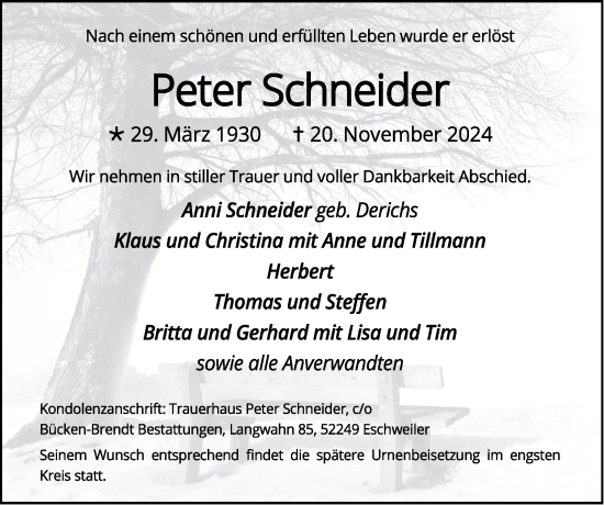 Traueranzeige von Peter Schneider von Zeitung am Sonntag