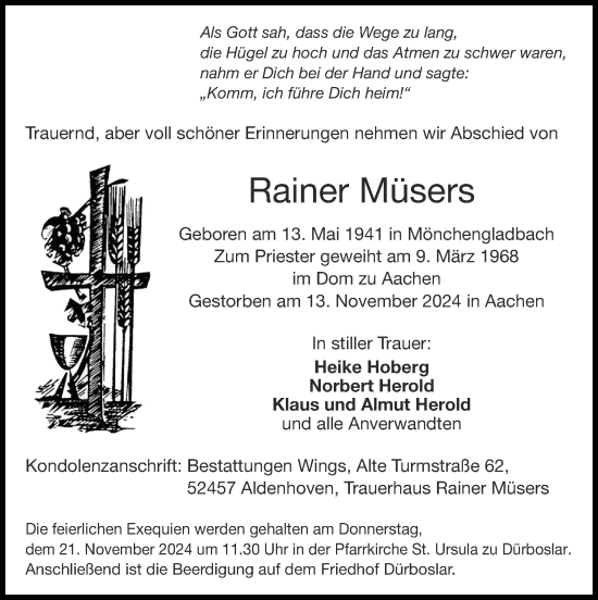 Traueranzeige von Rainer Müsers von Zeitung am Sonntag