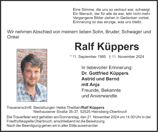 Traueranzeige von Ralf Küppers von Zeitung am Sonntag