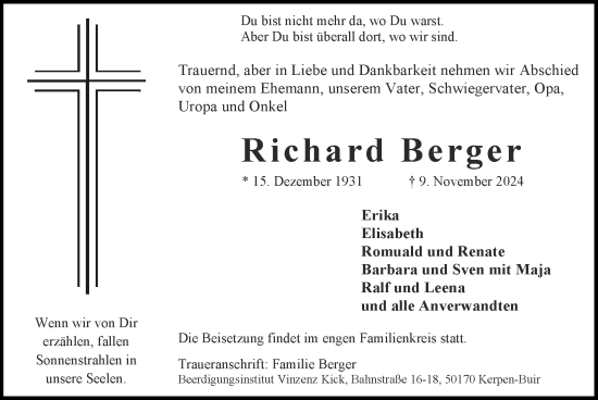 Traueranzeige von Richard Berger von Zeitung am Sonntag