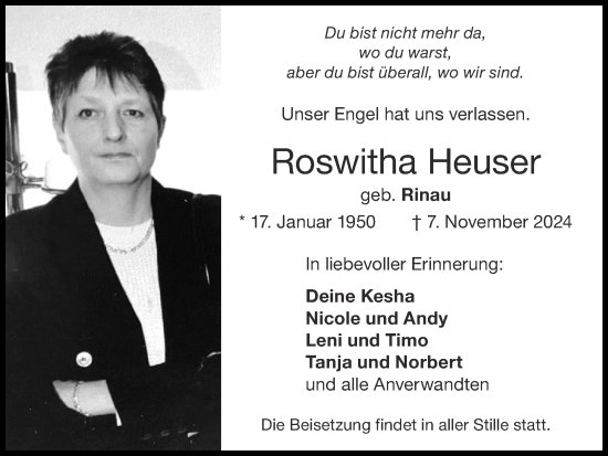 Traueranzeige von Roswitha Heuser von Zeitung am Sonntag