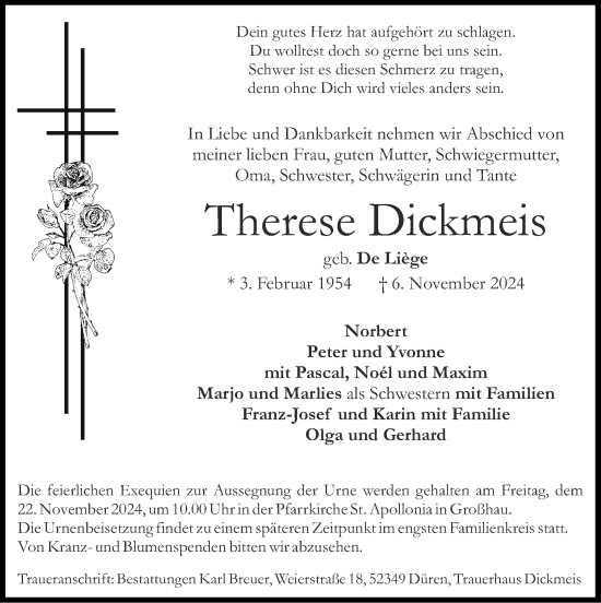 Traueranzeige von Therese Dickmeis von Zeitung am Sonntag