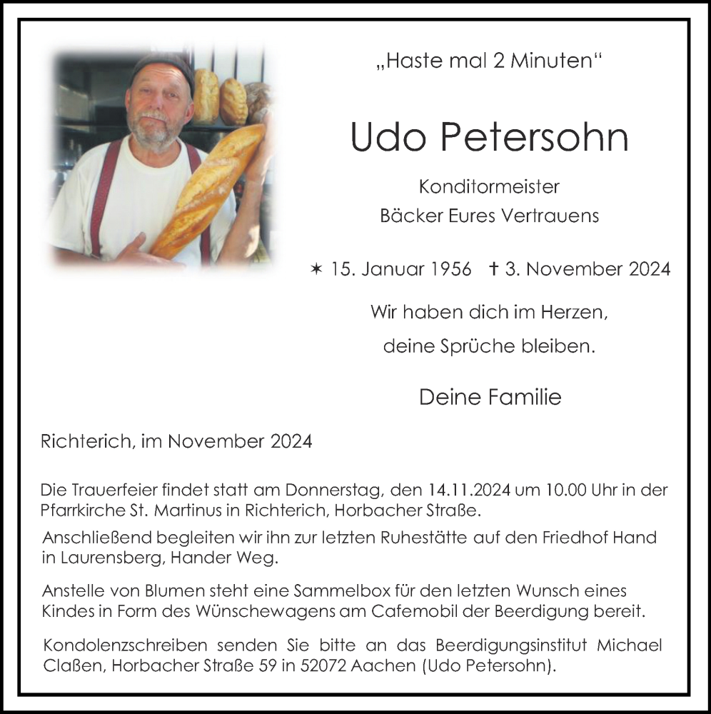  Traueranzeige für Udo Petersohn vom 10.11.2024 aus Zeitung am Sonntag