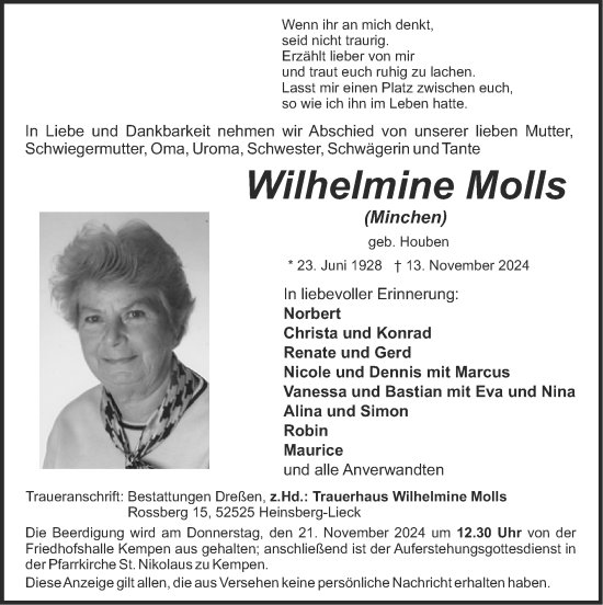 Traueranzeige von Wilhelmine Molls von Zeitung am Sonntag