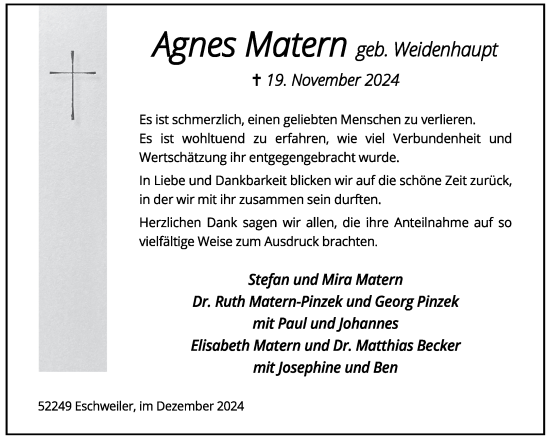 Traueranzeige von Agnes Matern von Aachener Zeitung