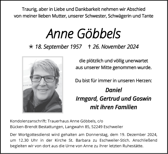 Traueranzeige von Anne Göbbels von Zeitung am Sonntag