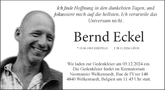 Traueranzeige von Bernd Eckel von Aachener Zeitung