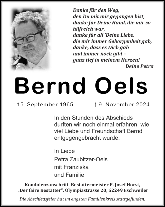 Traueranzeige von Bernd Oels von Zeitung am Sonntag