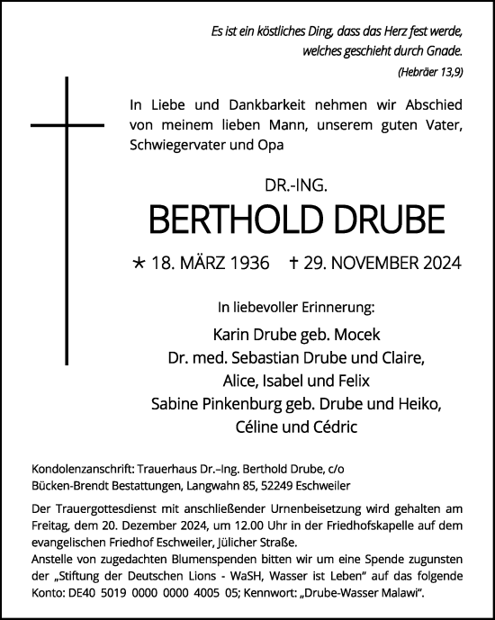 Traueranzeige von Berthold Drube von Zeitung am Sonntag