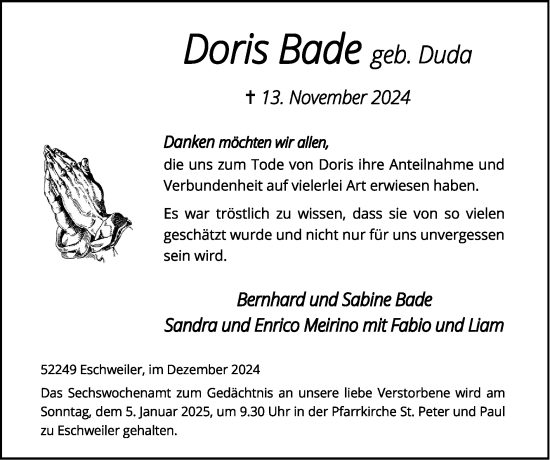 Traueranzeige von Doris Bade von Zeitung am Sonntag