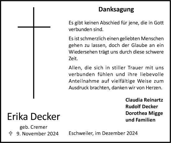 Traueranzeige von Erika Decker von Zeitung am Sonntag