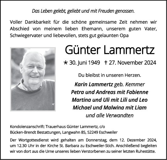 Traueranzeige von Günter Lammertz von Zeitung am Sonntag