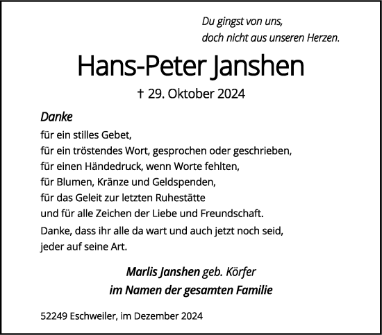 Traueranzeige von Hans-Peter Janshen von Zeitung am Sonntag