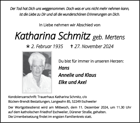 Traueranzeige von Katharina Schmitz von Zeitung am Sonntag