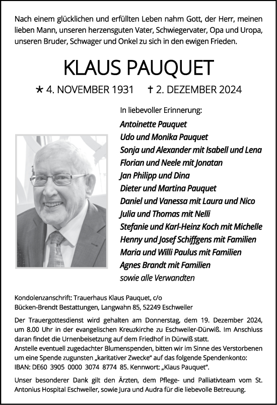 Traueranzeige von Klaus Pauquet von Zeitung am Sonntag