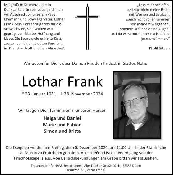 Traueranzeige von Lothar Frank von Aachener Zeitung