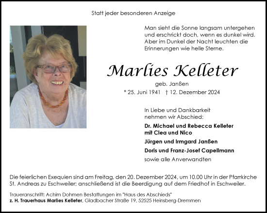 Traueranzeige von Marlies Kelleter von Aachener Zeitung