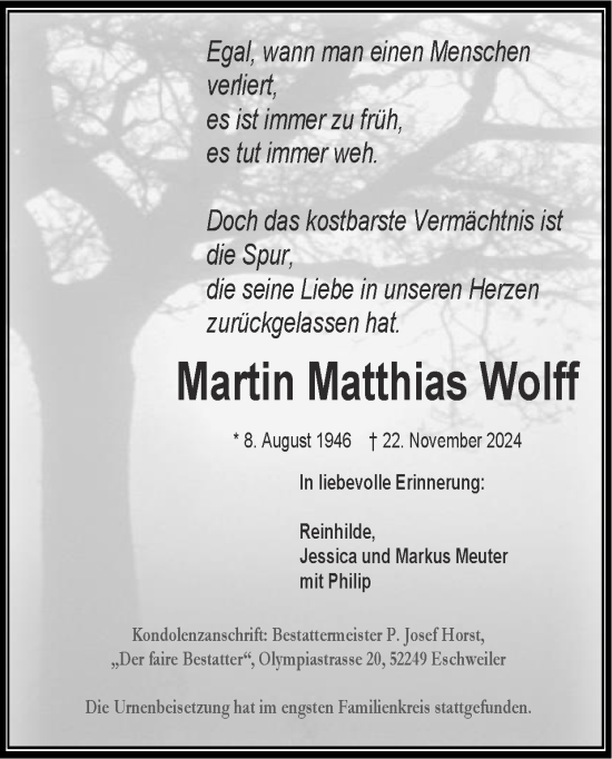 Traueranzeige von Martin Matthias Wolff von Zeitung am Sonntag