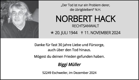 Traueranzeige von Norbert Hack von Aachener Zeitung