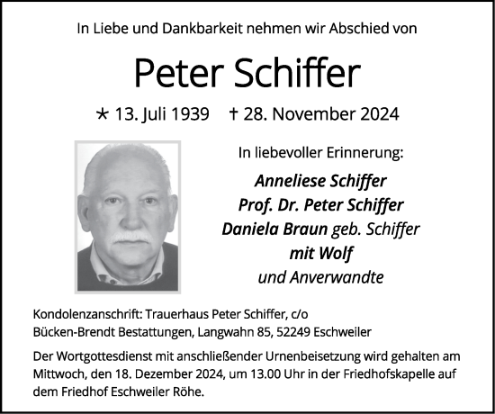 Traueranzeige von Peter Schiffer von Zeitung am Sonntag