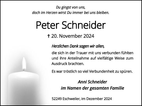 Traueranzeige von Peter Schneider von Zeitung am Sonntag