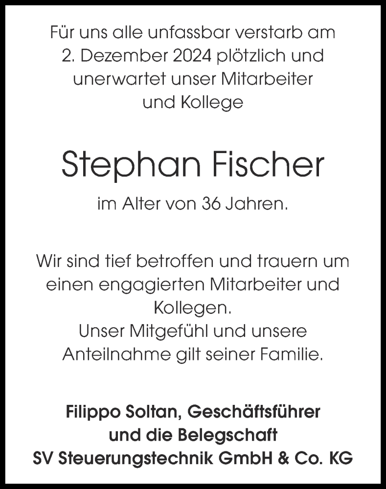  Traueranzeige für Stephan Fischer vom 08.12.2024 aus Zeitung am Sonntag