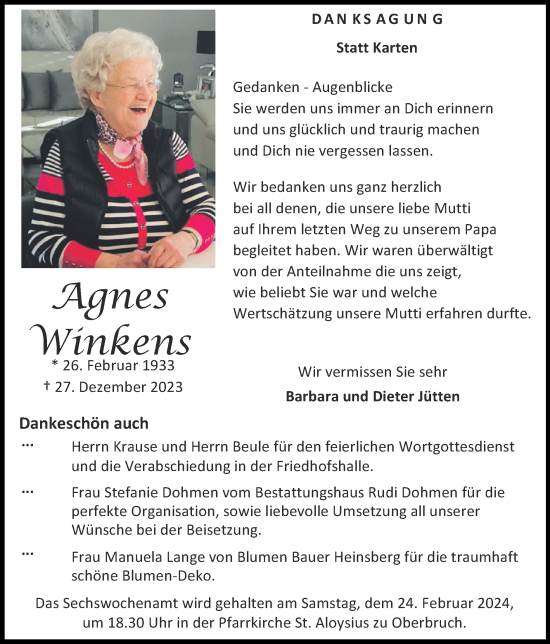 Traueranzeige von Agnes Winkens von Zeitung am Sonntag