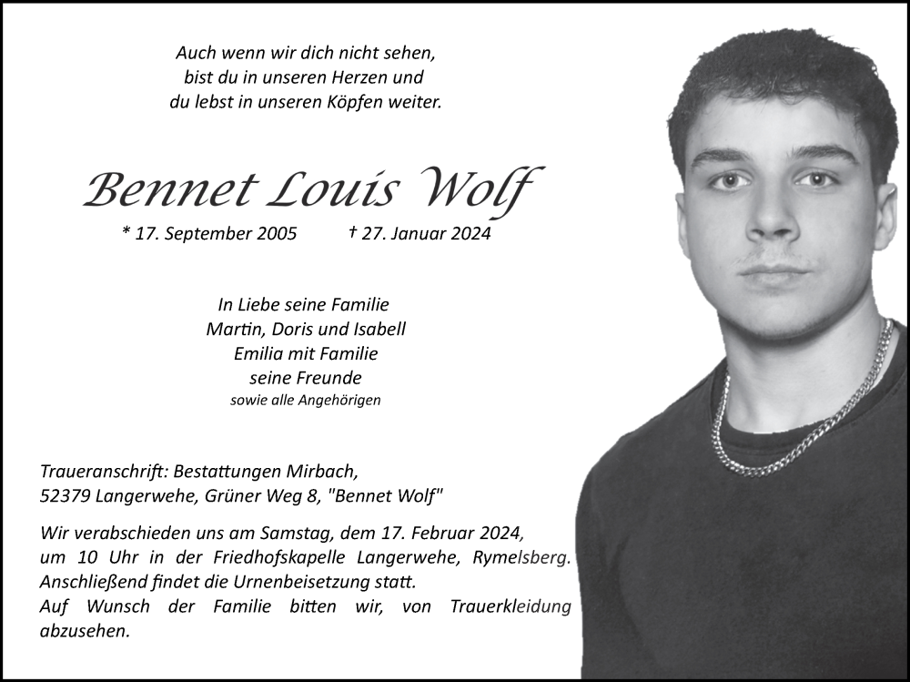  Traueranzeige für Bennet Louis Wolf vom 11.02.2024 aus Zeitung am Sonntag