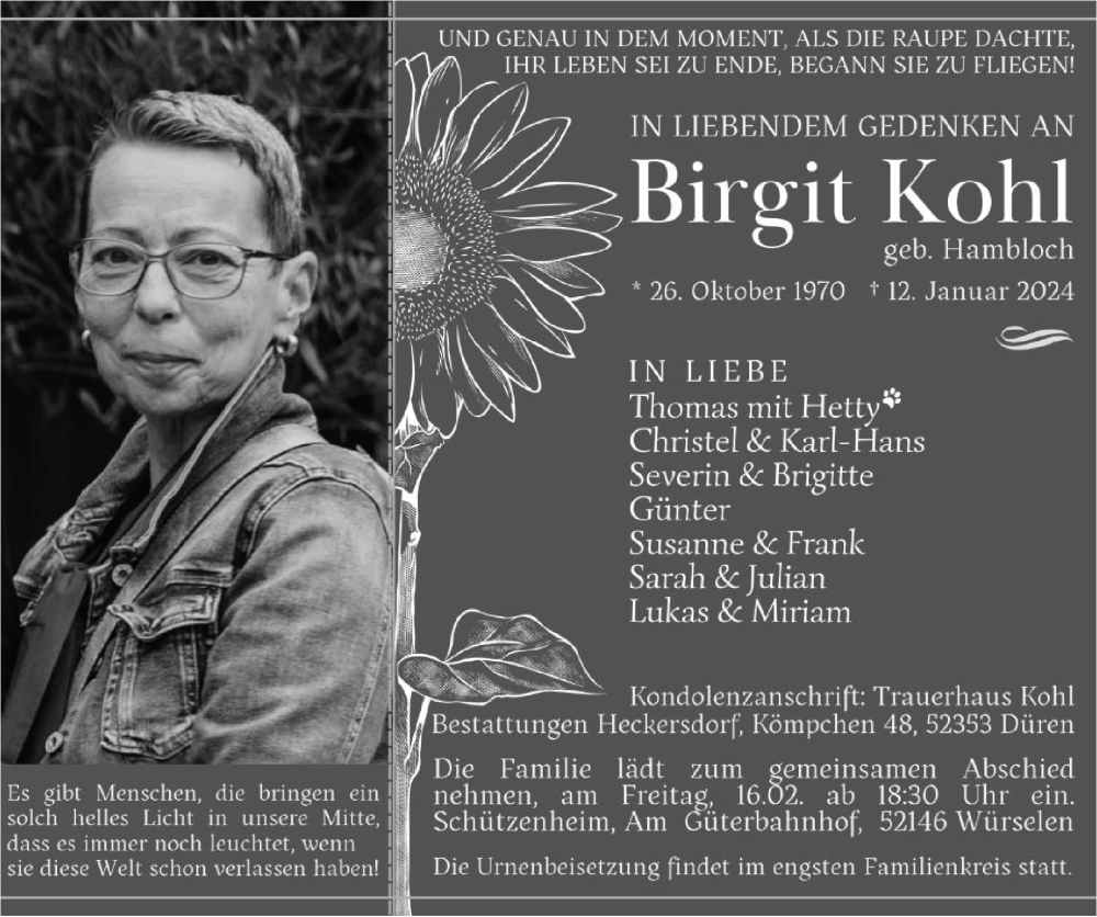  Traueranzeige für Birgit Kohl vom 11.02.2024 aus Zeitung am Sonntag