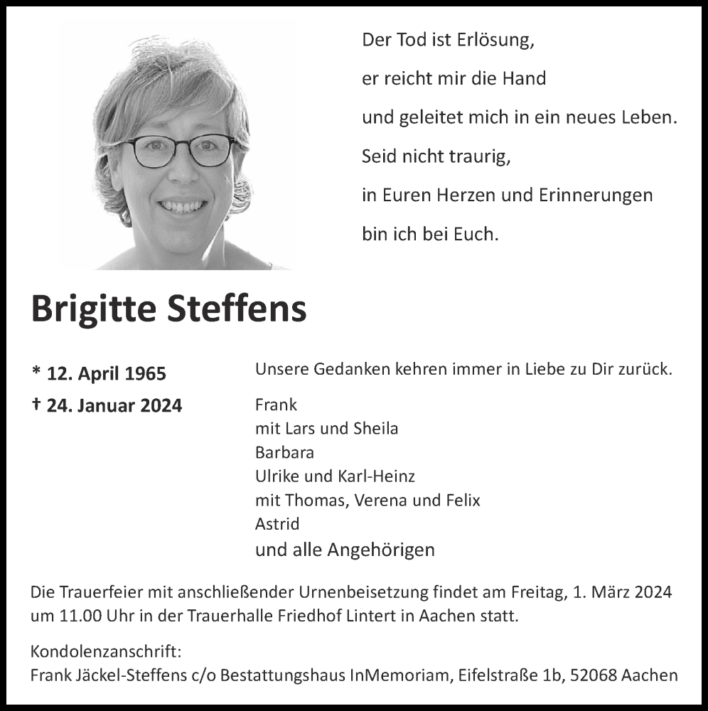 Traueranzeigen von Brigitte Steffens | Aachen gedenkt