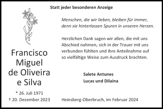 Traueranzeige von Francisco Miguel de Oliveira e Silva von Zeitung am Sonntag