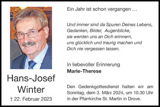 Traueranzeige von Hans-Josef Winter von Zeitung am Sonntag