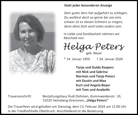 Traueranzeige von Helga Peters von Zeitung am Sonntag