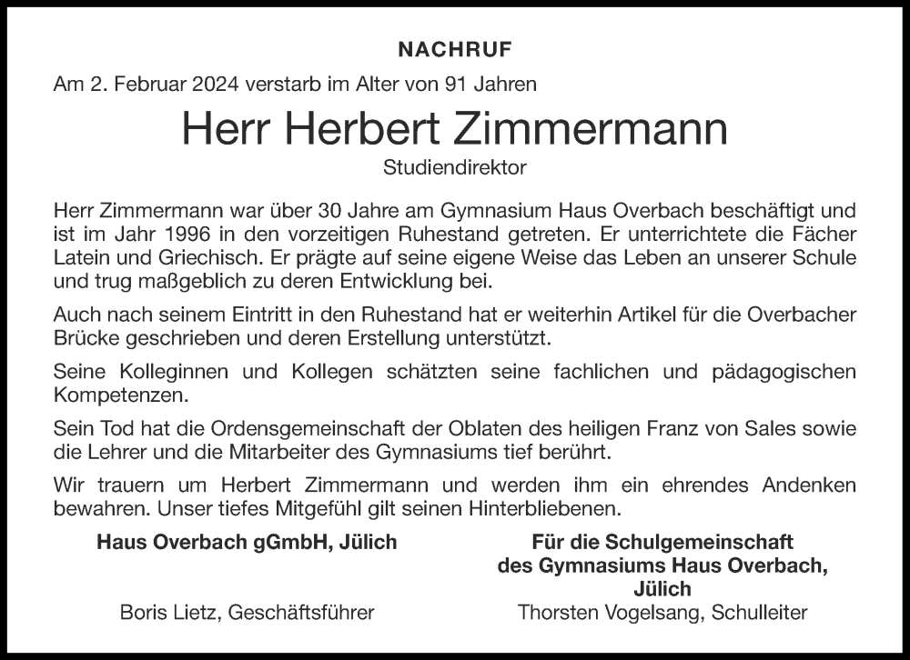  Traueranzeige für Herbert Zimmermann vom 10.02.2024 aus Aachener Zeitung