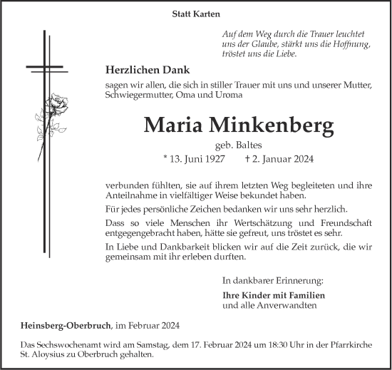 Traueranzeige von Maria Minkenberg von Aachener Zeitung