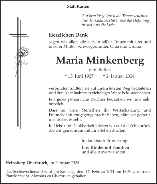 Traueranzeige von Maria Minkenberg von Zeitung am Sonntag