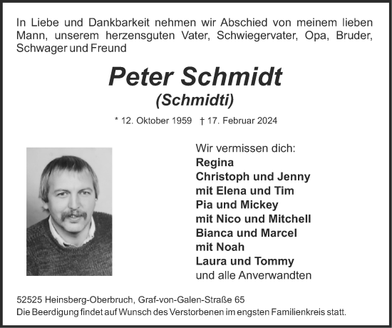 Traueranzeige von Peter Schmidt von Zeitung am Sonntag