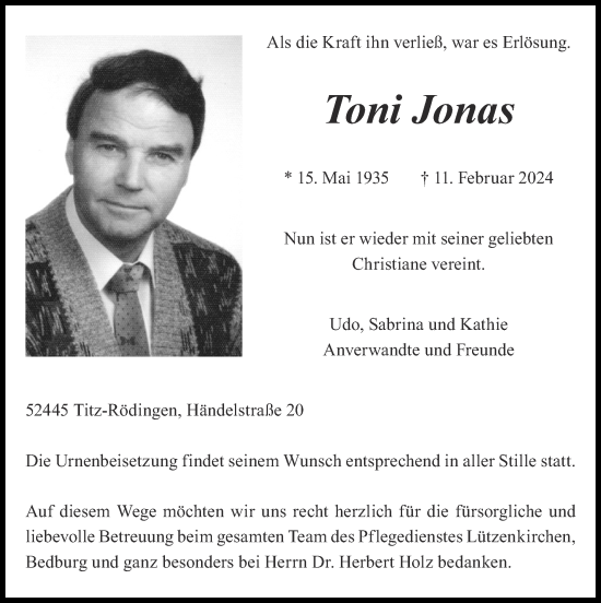 Traueranzeige von Toni Jonas von Zeitung am Sonntag