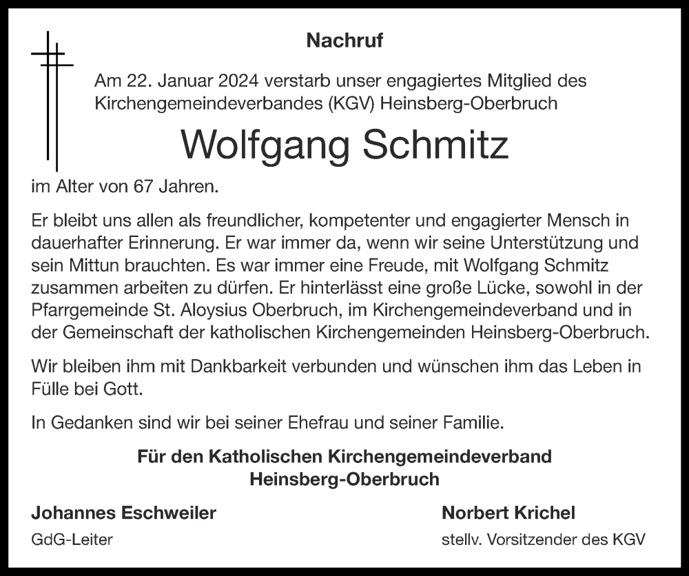  Traueranzeige für Wolfgang Schmitz vom 04.02.2024 aus Zeitung am Sonntag