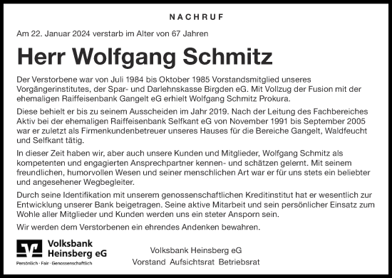 Traueranzeige von Wolfgang Schmitz von Zeitung am Sonntag