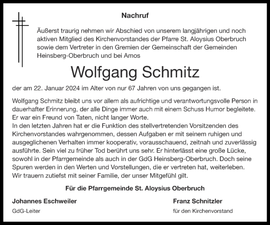 Traueranzeige von Wolfgang Schmitz von Zeitung am Sonntag